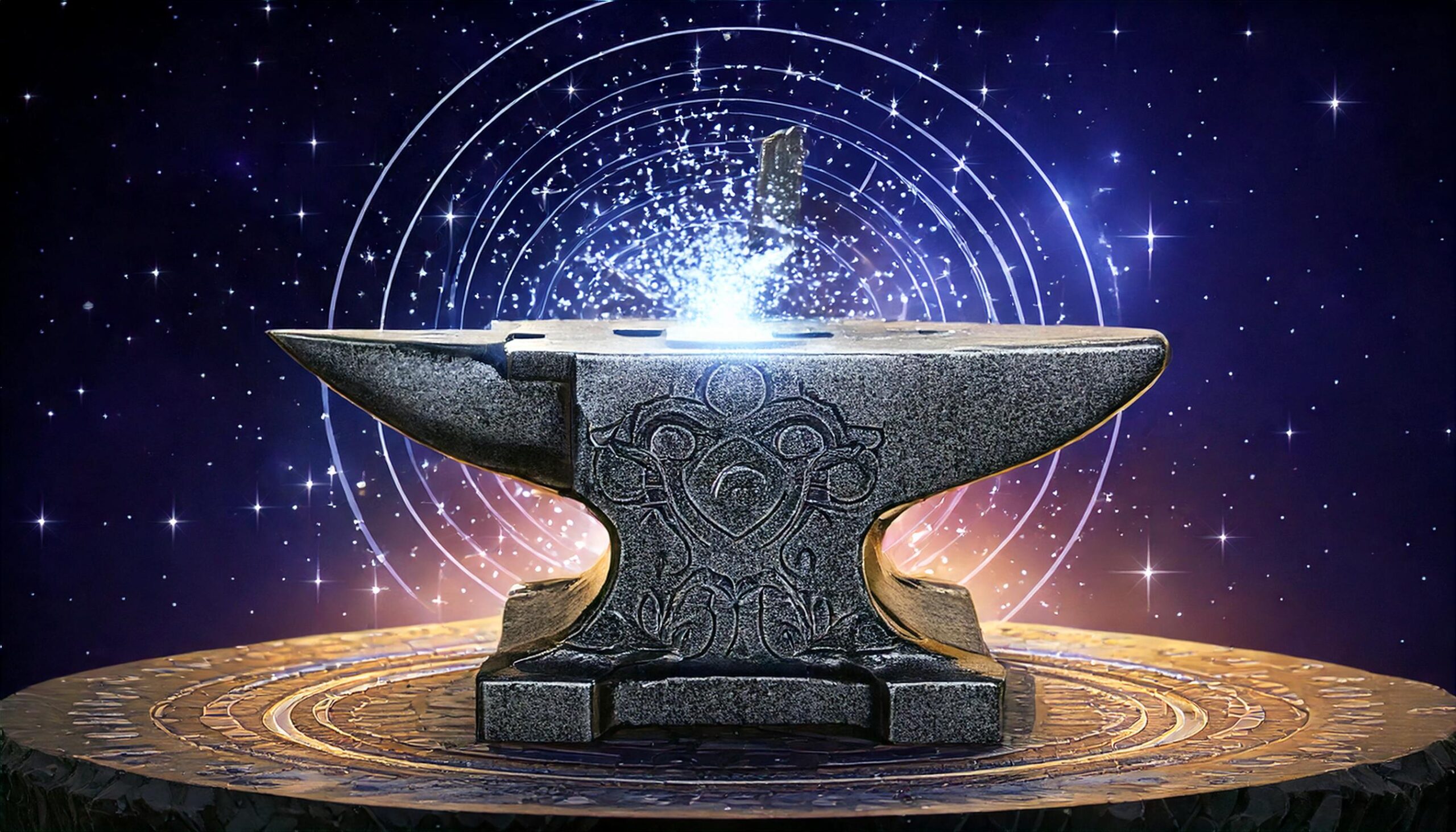 Firefly A celestial forge suspended in a glowing cosmic expanse, where radiant silver and gold spark (1)