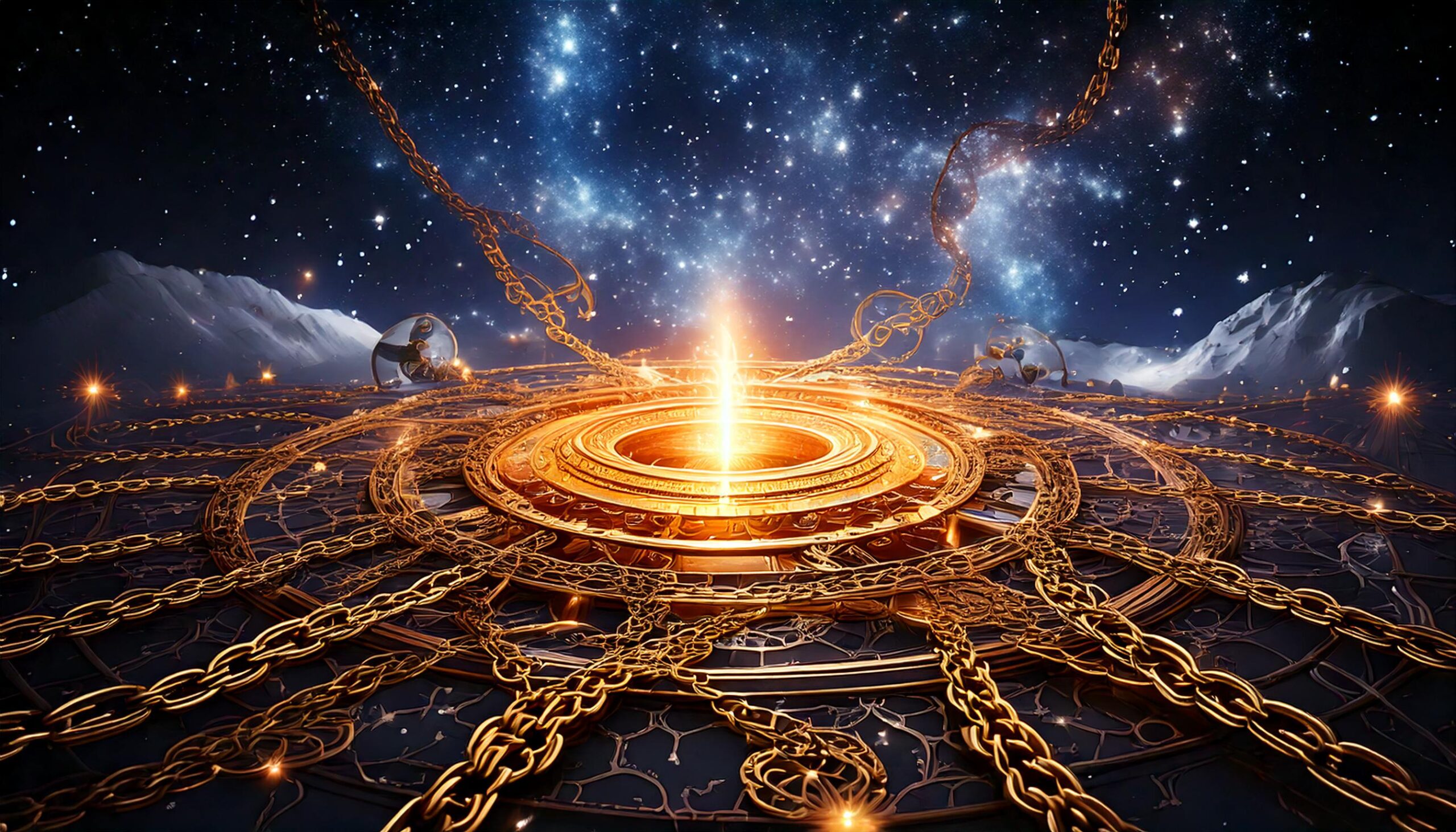 Firefly -A glowing, otherworldly forge at the center of a cosmic expanse, where molten streams of si (4)