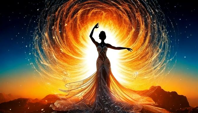 Firefly A luminous, full-figured goddess gracefully dances in a vast, ethereal cosmic landscape. Her (1)